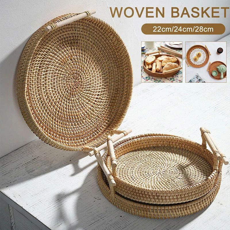 Round Rattan Bread Basket Woven Tea Tray With Handles Home Dinner Serving | Walmart (US)