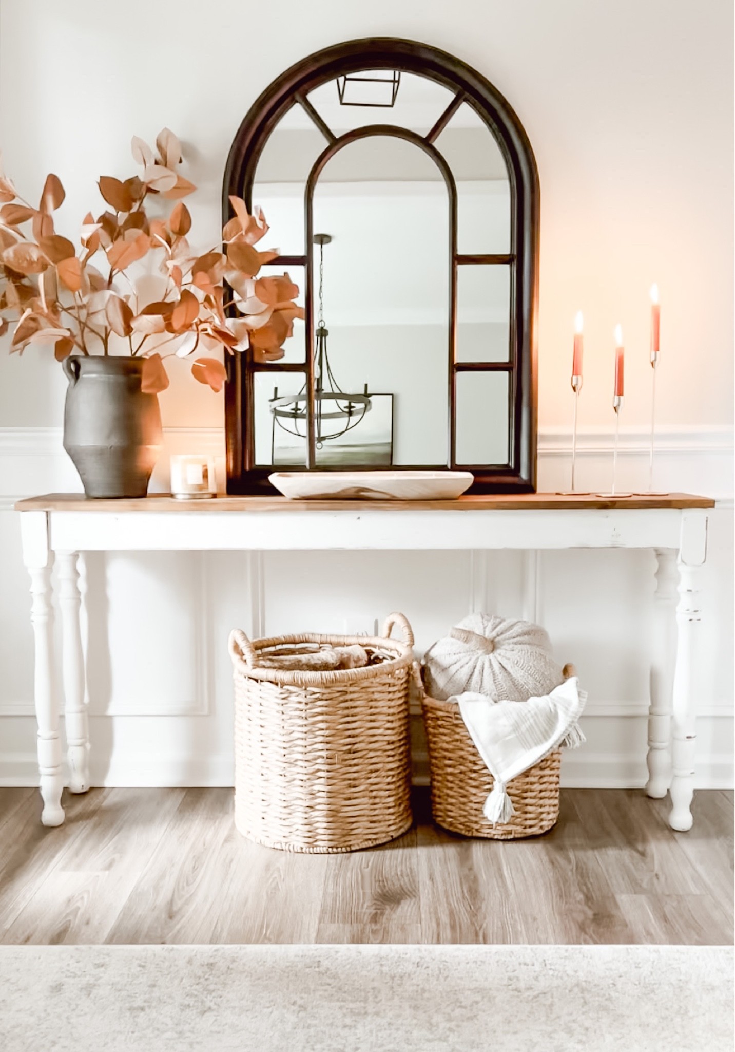 Entryway / wall sconces / flameless candles / wood bench / throw pillow / throw blanket / Chanel blanket / wood sign / cozy / vase / stems / florals / fall entryway / pumpkin pillow / Boucle pillow / target / amazon / mirror / candle holder / taper candles / baskets / woven basket / entry table / console table / candles / wood dough bowl / target / studio McGee / hearth and hand / amazon finds / sale / fall / autumn / entryway decor / hallway 

#LTKfamily #LTKhome #LTKSeasonal