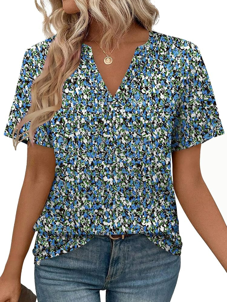 WEESO Womens Tops Summer Short Sleeve V Neck Blouses Business Casual Loose Fit Tshirts Trendy Fas... | Amazon (US)