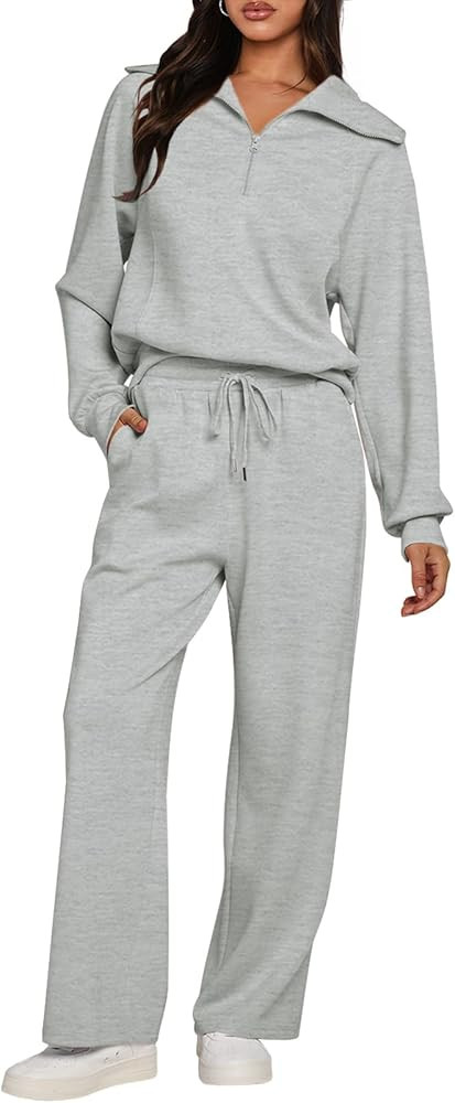 MEROKEETY Women's 2 Piece Outfits 2023 Long Sleeve Half Zip Sweatshirt Wide Leg Sweatpants Lounge Se | Amazon (US)