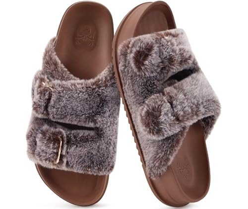 KuaiLu Women's Fluff Slippers Plantar Fasciitis Arch Support Platform Slippers Ladies Fashion Open Toe Faux Fur Sliders House Slipper, Brown Size 12 | Amazon (US)