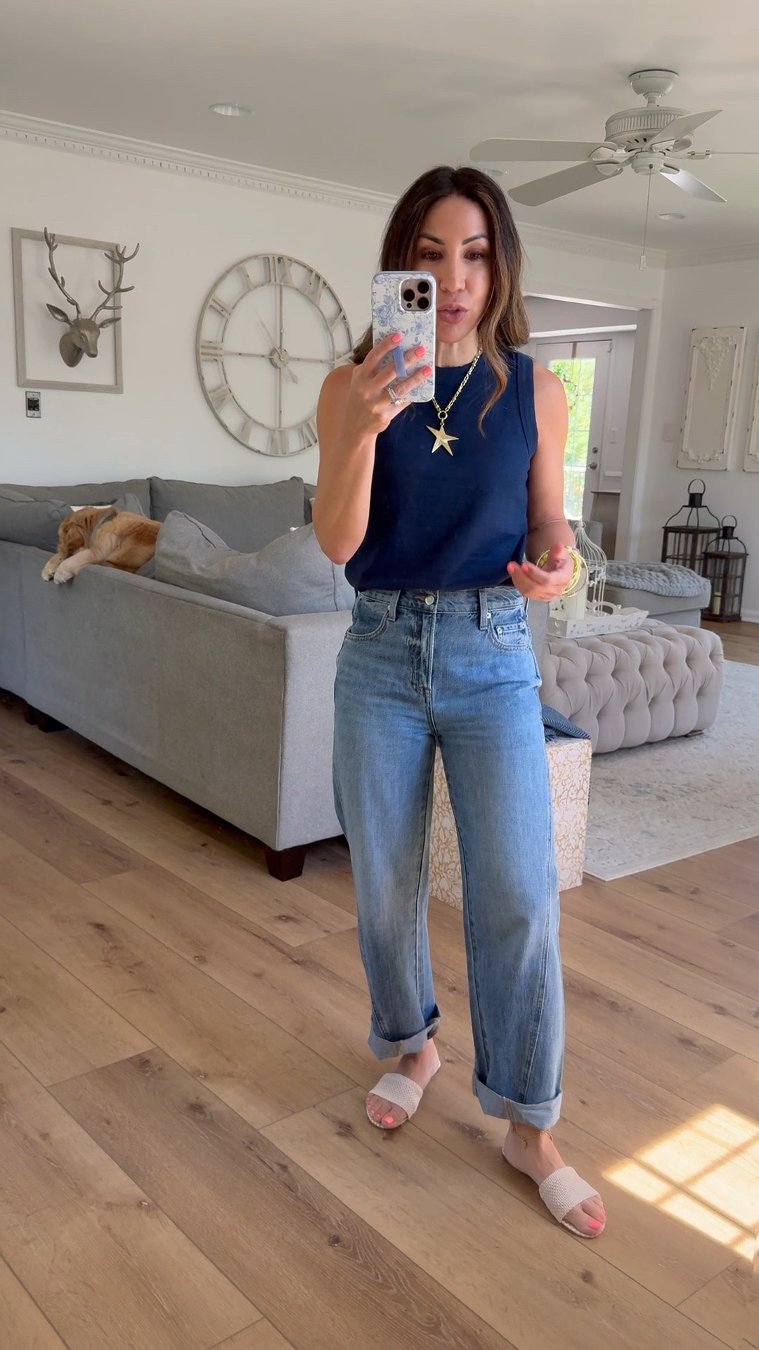 Jeans size down to a 24. Navy blue tank top XS petite. Sandals TTS. Jewelry code
JUNEVIP or HOUSEOFLEO20

#LTKOver40 #LTKPetite #LTKSaleAlert