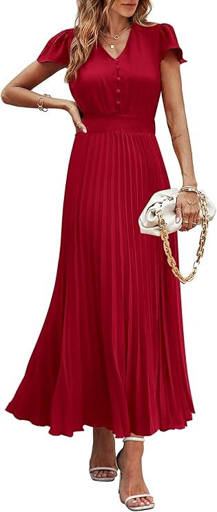 PRETTYGARDEN Women's Summer Maxi Dresses 2026 Trendy Casual Button V Neck Ruffle Cap Sleeve Long ... | Amazon (US)