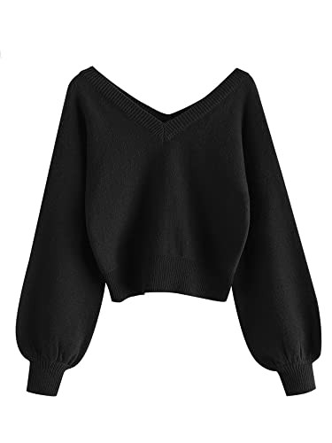 ZAFUL Women's Cropped Sweater V-Neck Long Sleeve Crop Sweater Pullover Jumper Knit Top (1-Black, XL) | Amazon (US)