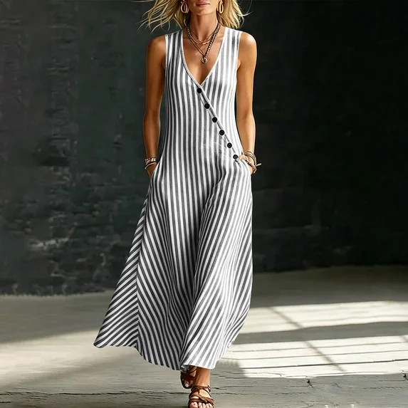 Snorda Women's Striped Dress Summer Round Neck Sleeveless Striped Solid Color Casual Dress Flowy ... | Walmart (US)