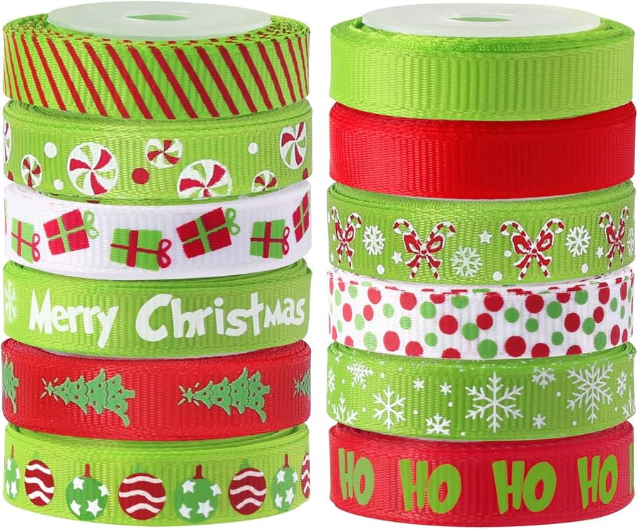 RINOLY 12 Rolls Christmas Ribbon for Gift Wrapping 3/8 Inch,60 Yards Holiday Grosgrain Ribbon for... | Amazon (US)