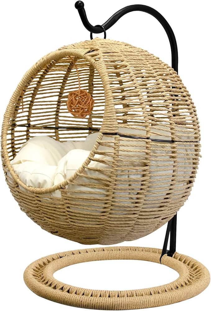 Wicker Cat Bed Indoors & Outdoors, Hand Made Cat Swing Bed with Removable Cushion & Hanging Ball,... | Amazon (US)