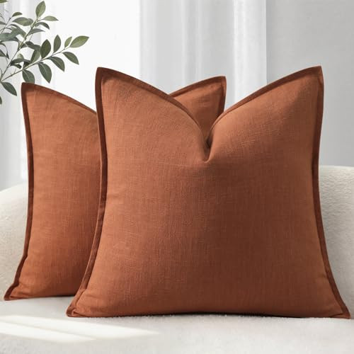 YCOLL Autumn Cushion Covers 55x55 cm Set of 2 – Soft Natural Linen Cushions with Trim, Solid Colour Autumn Decorations Cushion Cover for Sofa, Couch, Bed and Living Room, Rust | Amazon (UK)