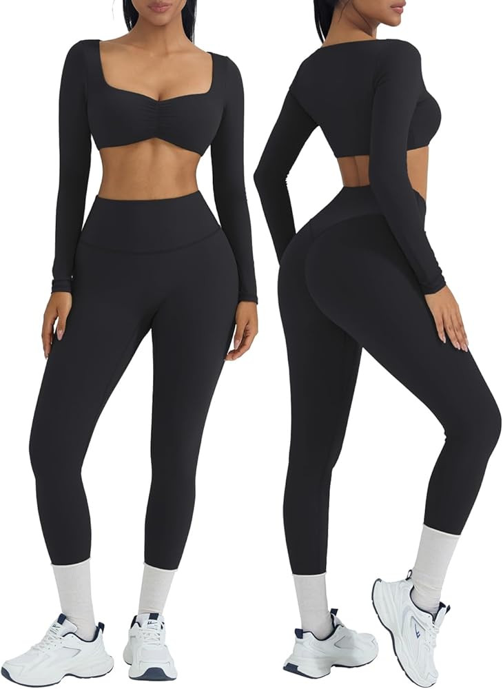 OMKAGI 2 Piece Workout Sets for Women Long Sleeve Padded Sports Bra High Waisted Gym Outfits with... | Amazon (US)