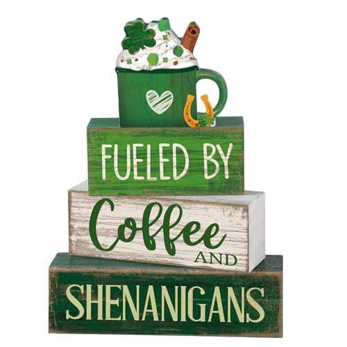 Moucuny 4 Pcs Wooden St. Patrick's Day Decorations Shamrock Hot Cocoa Table Centerpieces Irish Decorative Block Signs Gift Happy St. Patrick's Stacks Wooden Table Decor for Home Tiered Tray | Amazon (US)