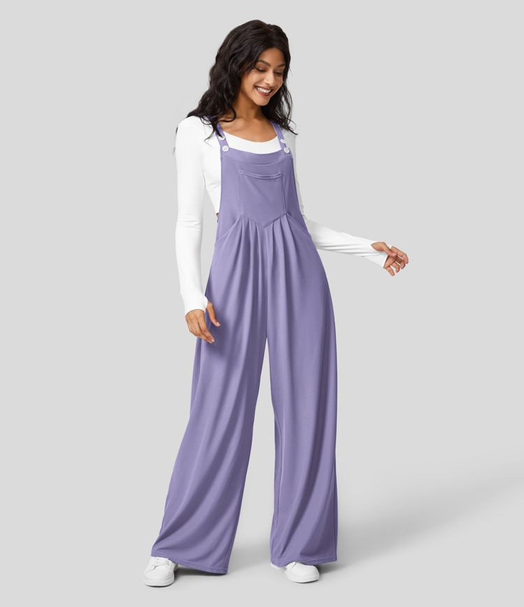 Women’s Adjustable Strap Button Multiple Pockets Plicated Waffle Casual Overalls - Halara | HALARA