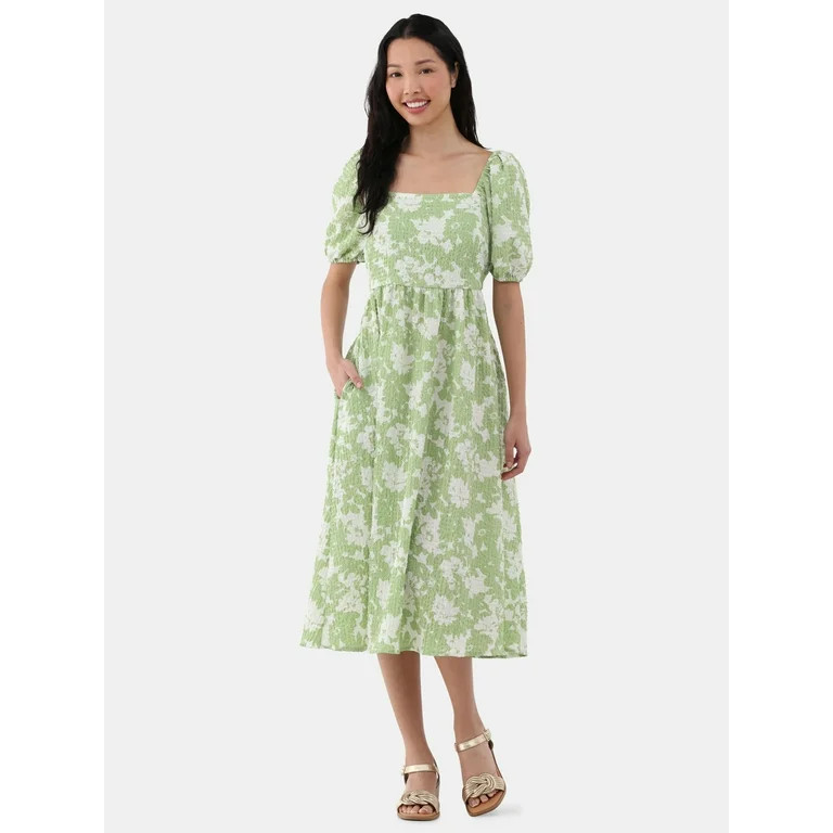 Time and Tru Women's and Women's Plus Back Tie Midi Dress with Puff Sleeves, Sizes XS-4X | Walmart (US)