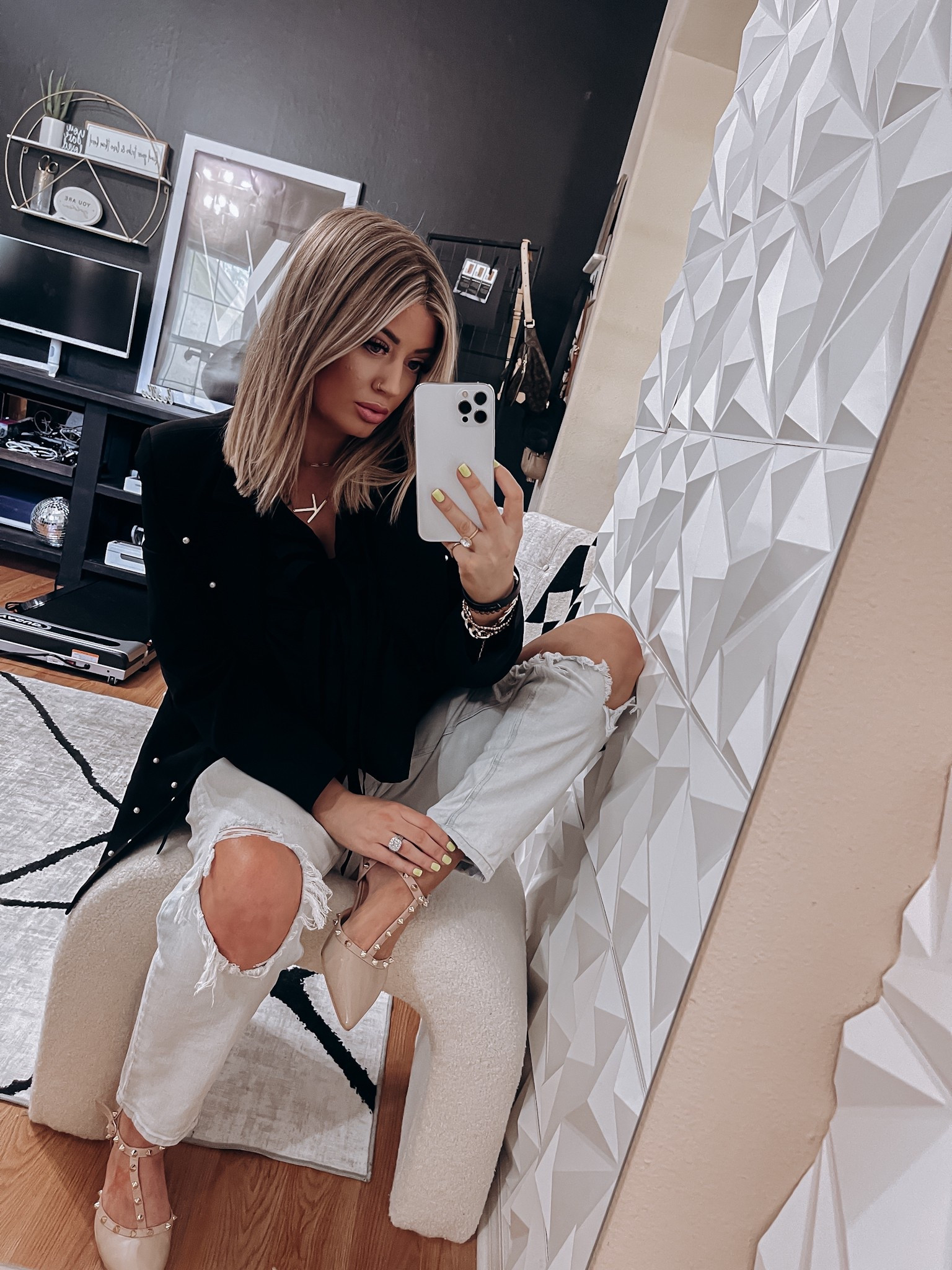 Pearl Detail Blazer, Studded Heels