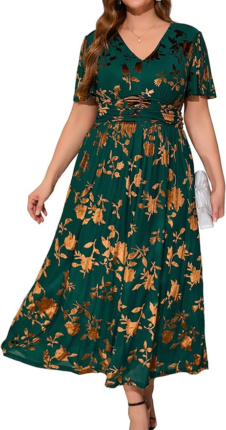 Simplee Women’s V Neck Velvet Maxi Dress Short Sleeve Empire Waist Long Formal Dress for Weddin... | Amazon (US)