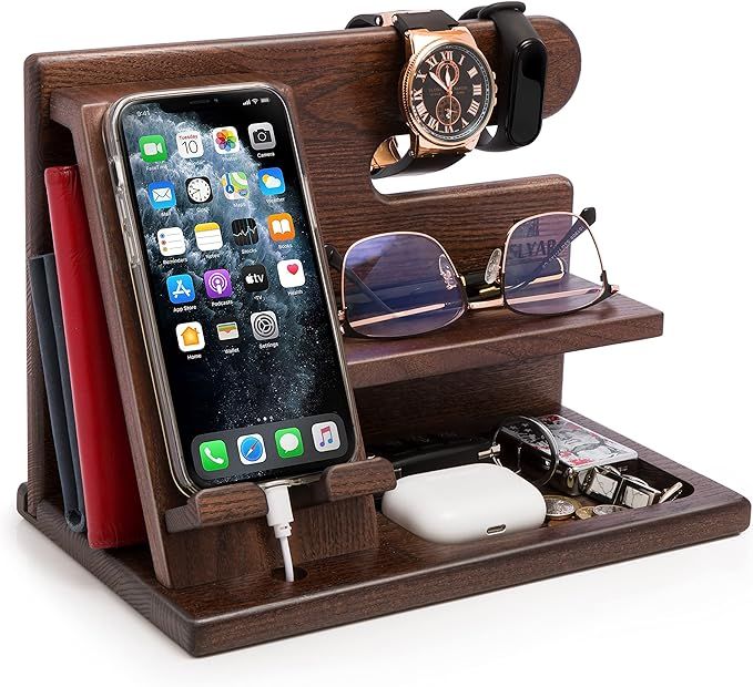 TESLYAR Wood Phone Docking Station Ash Key Holder Wallet Stand Watch Organizer Men Gift Husband W... | Amazon (US)