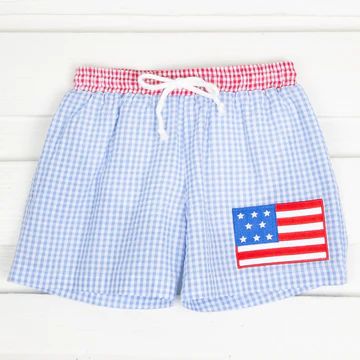 Flag Boy Swim Trunk Blue Gingham | Classic Whimsy