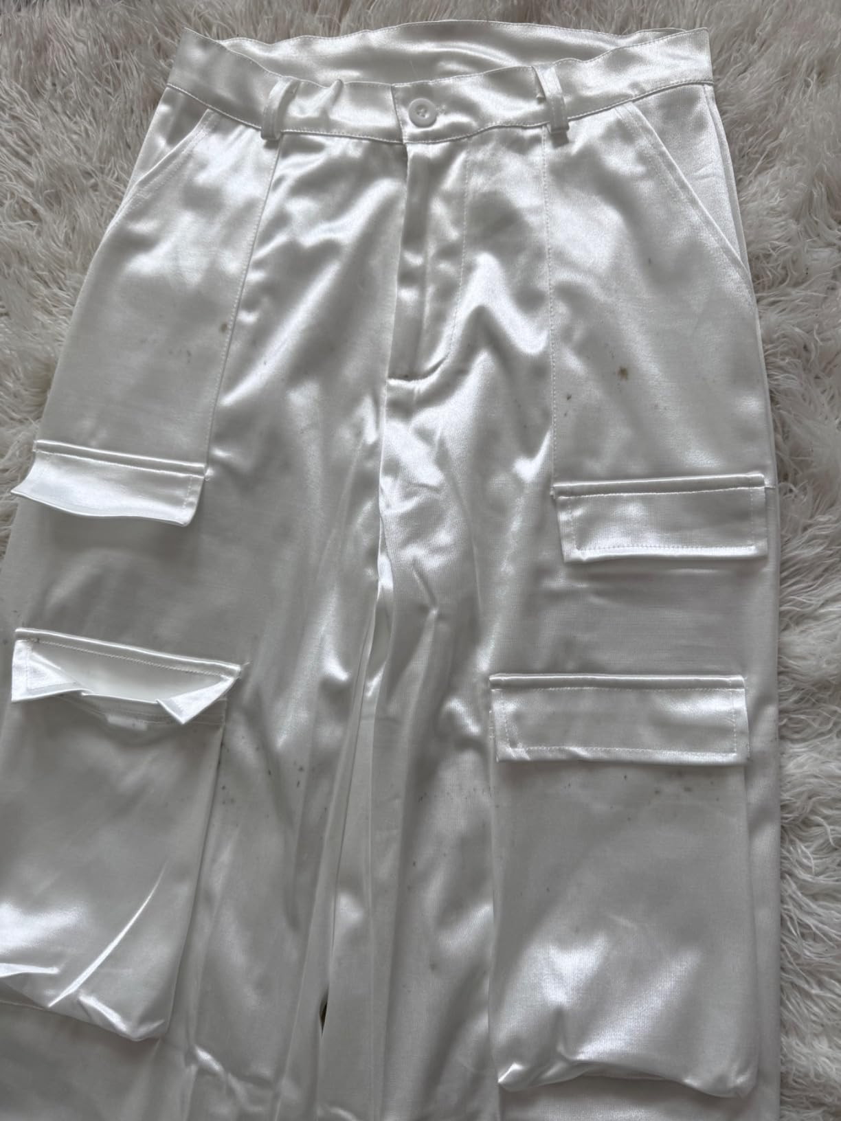 NRTHYE Women High Waisted Satin Cargo Pants Wide Leg Casual Pants Multi Pockets Straight Trousers | Amazon (US)