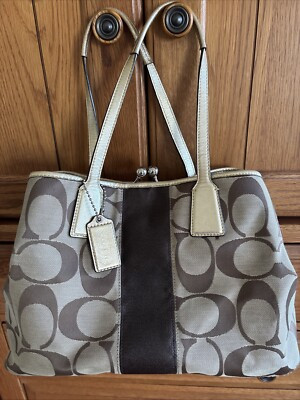Coach Monogram Logo Hand Bag Jacquard Brown & Gold F13533 | eBay US