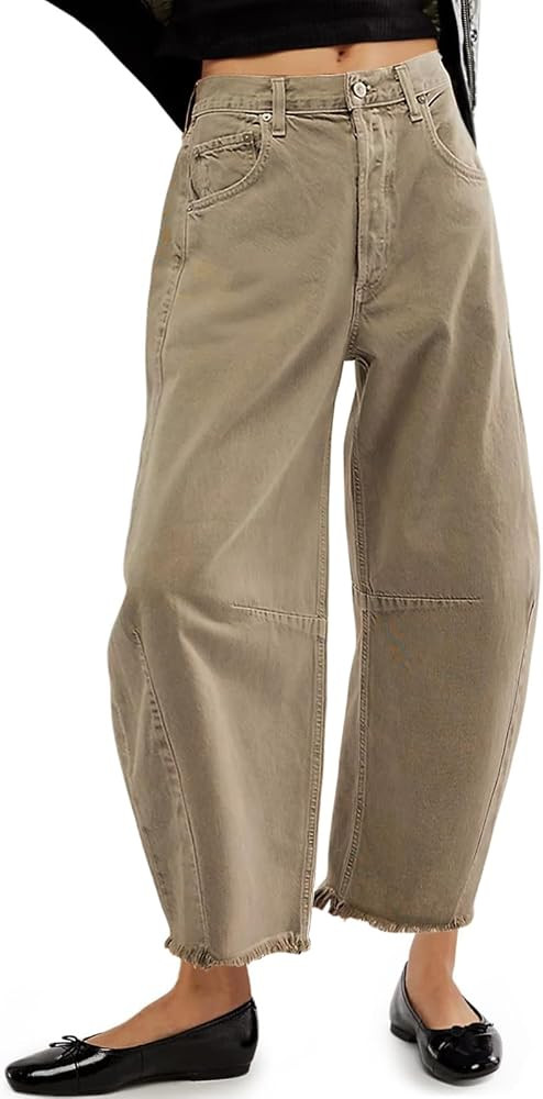 Allimy Womens High Waisted Barrel Horseshoe Baggy Jeans Trendy 2025 with Raw Hem Non Stretch | Amazon (US)