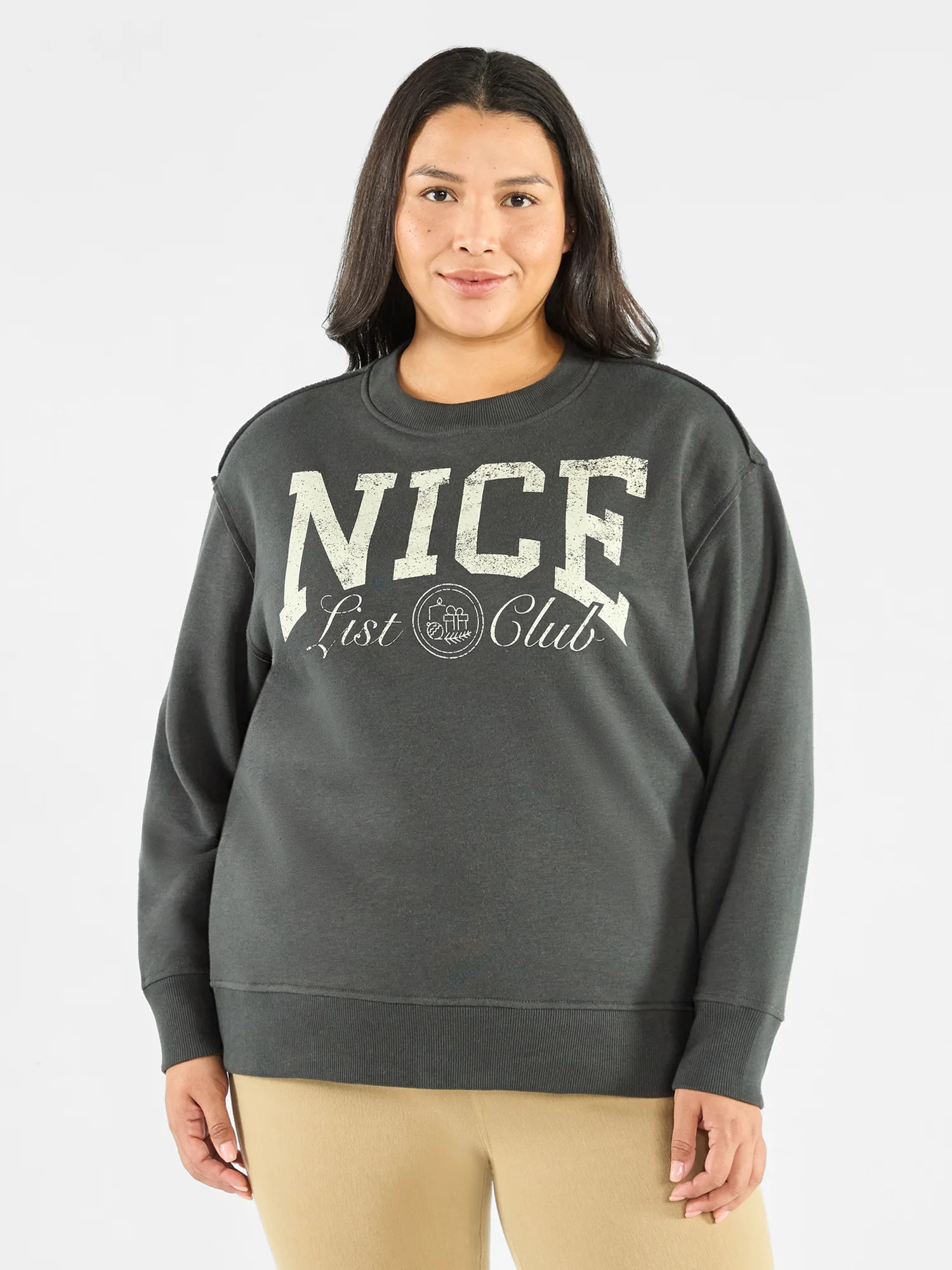 Terra & Sky Women's Plus Size Grey Nice List Club Graphic Sweatshirt with Long Sleeves, Sizes 0X-... | Walmart (US)