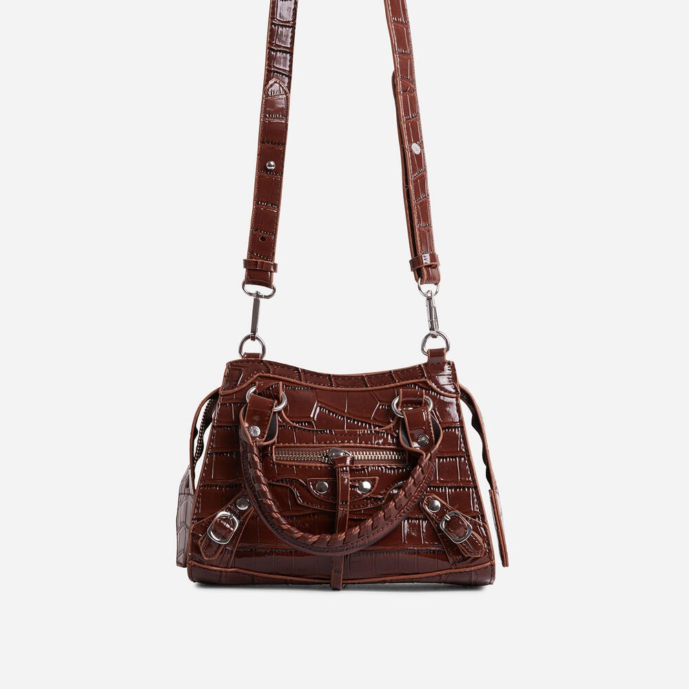Roddy Mini City Tote Bag In Dark Brown Croc Print Patent | EGO Shoes (US & Canada)