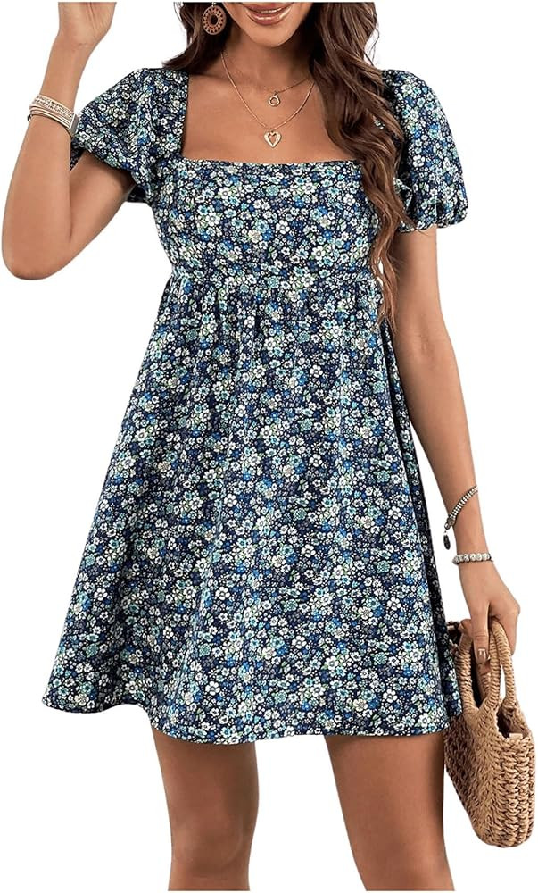 SOLY HUX Women's Floral Summer Mini Dress Square Neck Short Sleeve Boho Flowy Dresses | Amazon (US)