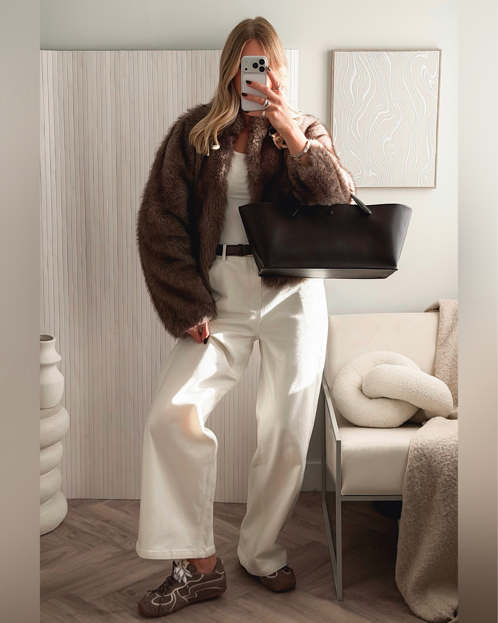 Autumn outfit - faux fur coat - fleece lined white wide leg jeans - suede trainers - Miu Miu new balance dupe trainers - slim sneakers - trending - white bodysuit - Fabrique - RELR - Lilysilk - Amazon The store Idaho dupe bag 

#LTKuk #LTKbag #LTKautumn