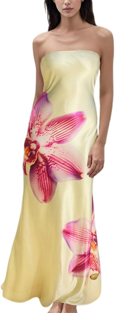 Women Strapless Floral Maxi Dress Sexy Sleeveless Backless Bandeau Dress Summer Off Shoulder Body... | Amazon (US)