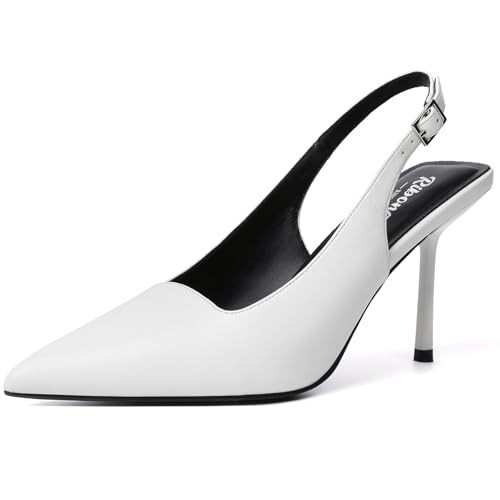 RIBONGZ White Closed Toe Pointy High Heels Sexy Slingback Pumps Elegant Dressy Heels for Women Wedding Bride Kitten Heels Prom Party Evening Shoes 9 | Amazon (US)