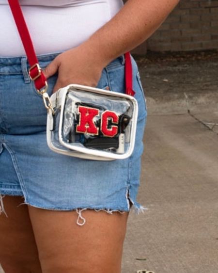 Clear bag / crossbody purse for game day. Initial patches in red KC for Kansa city chiefs but you can customize color and letters! Red strap from amazon. Jean skirt 

#LTKfindsunder50 #LTKU #LTKmidsize