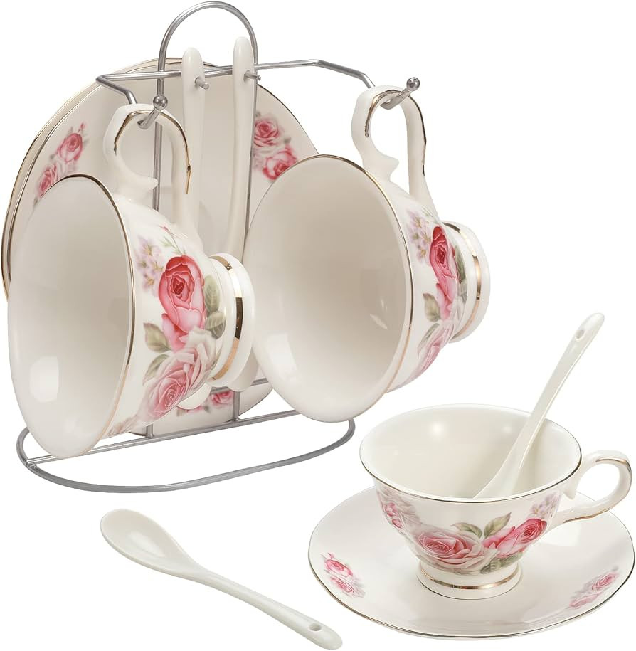 Viktorwan Porcelain Tea Cup and Saucer Coffee Cup Set with Saucer and Spoon , Set of 7 (2 Tea Cup... | Amazon (US)