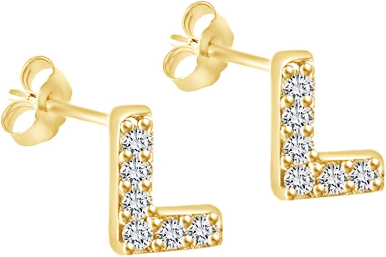 Round Cut White Cubic Zirconia Alphabet A-Z Letter Initial Stud Earrings In 14k Yellow Gold Over ... | Amazon (US)
