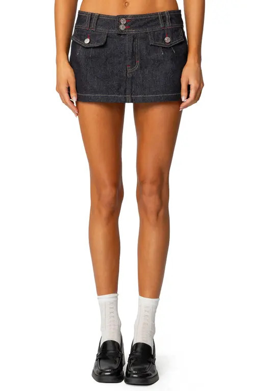EDIKTED Rae Low Rise Denim Miniskort in Dark-Blue at Nordstrom, Size Small | Nordstrom