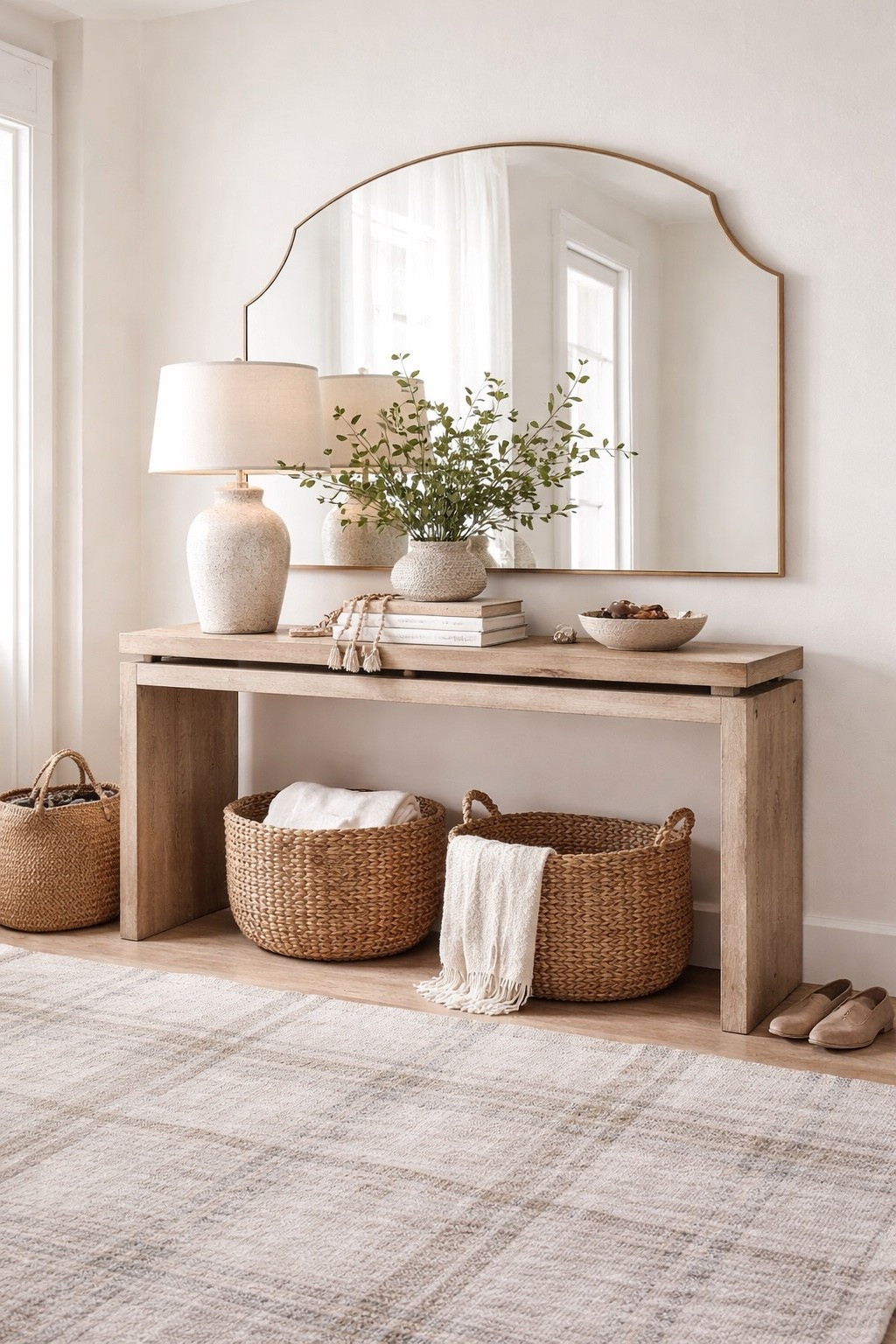 Neutral entryway, wood console table, gold arched mirror, neutral lamp, neutral rug, organic modern entryway 

#LTKHome