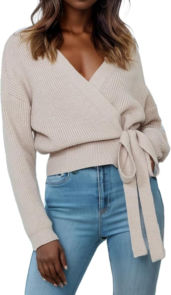 Women's Casual V Neck Wrap Sweater Pullovers Lightweight Ribbed Drop Shoulder Knitted Tops | Amazon (US)