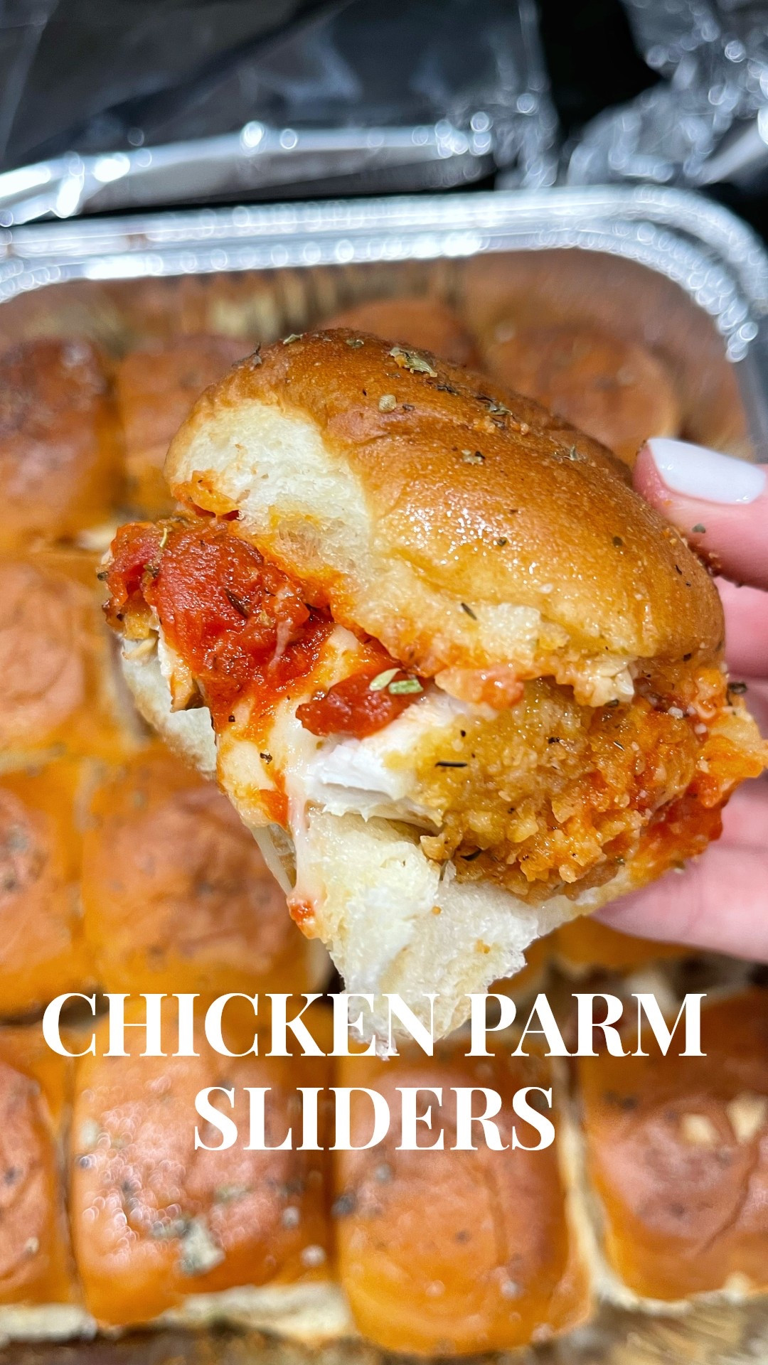CHICKEN PARM SLIDERS in under 30 minutes. 

INGREDIENTS 
16 @kingshawaiian Sweet Rolls
5-6 cooked chicken tenders, cut into bite sized pieces 
8 provolone cheese slices, quartered 
2 cups marinara sauce 
1/2 cup butter, melted
2 tbsps Italian seasoning 
3 tbsps Parmesan cheese 

DIRECTIONS 
1. Preheat oven to 350F. 
2. Slice rolls in half and place bottom buns in a greased baking pan. 
3. Layer on chicken pieces, provolone cheese and marinara sauce. 
4. Place top half of buns onto the bottom buns. 
5. Melt butter, Italian seasoning and parmesan cheese in a small bowl. 
6. Brush melted butter onto the buns. 
7. Bake covered for 6 minutes. 
8. Remove foil and bake for another 6 minutes or until golden brown. 

Dinner ideas, 30 minute meals, quick dinner ideas, party food, football food, game day snacks 

#LTKFindsUnder100 #LTKParties #LTKFindsUnder50