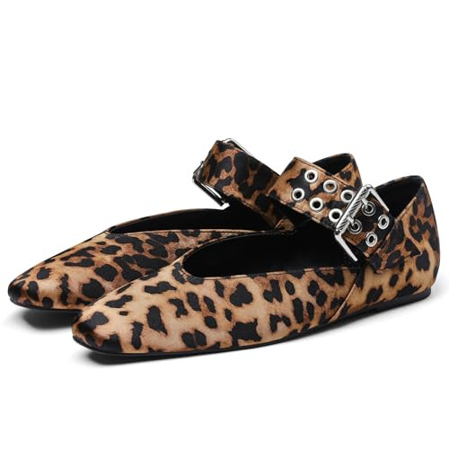 Ballet Flats for Women Square Toe Ballerina Flats Buckle Strap Leopard Print Flats Casual Dress M... | Amazon (US)