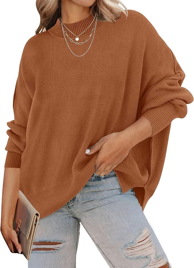 ZESICA Women's 2023 Fall Casual Long Sleeve Crew Neck Side Slit Oversized Ribbed Knit Pullover Sw... | Amazon (US)