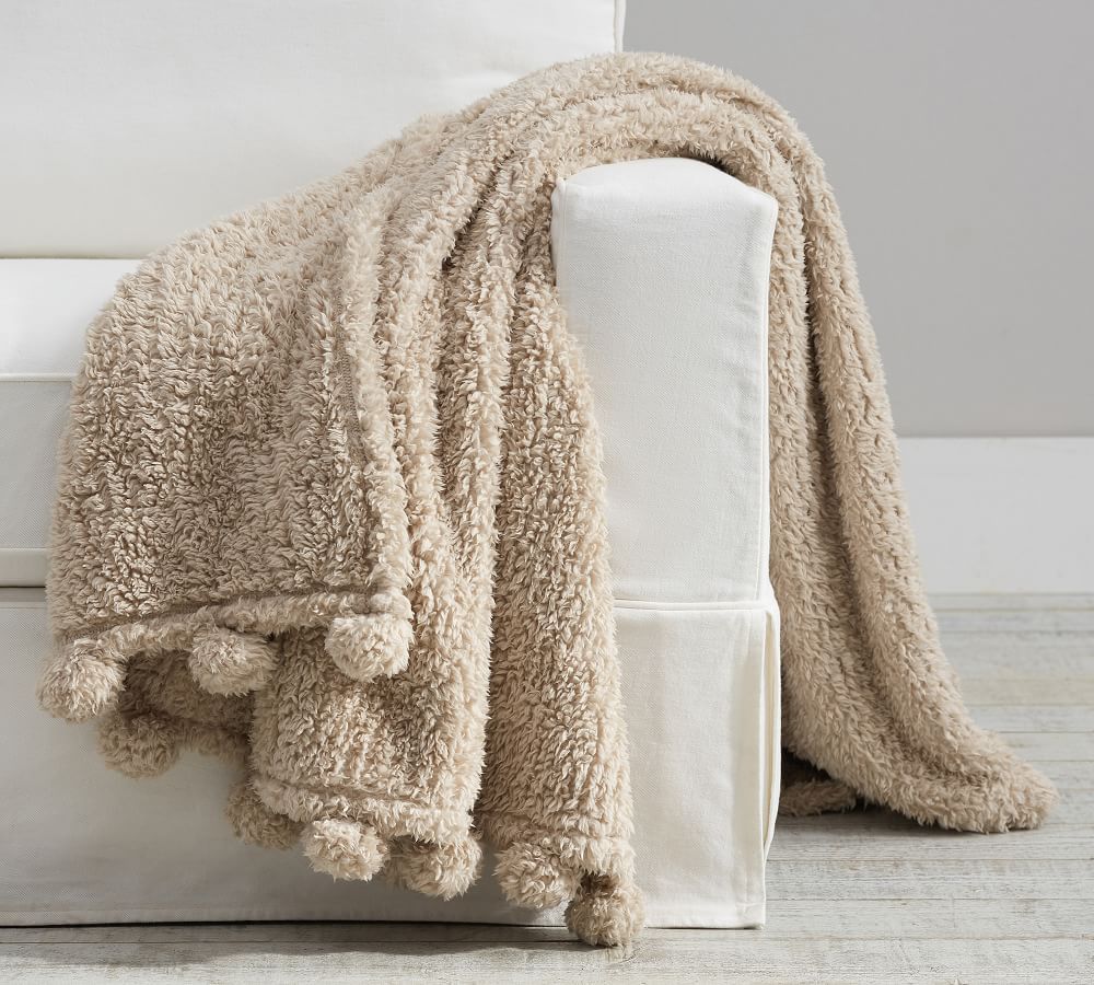 Cozy Pom Pom Sherpa Throw, 50 x 60&amp;quot;, Light Khaki | Pottery Barn (US)