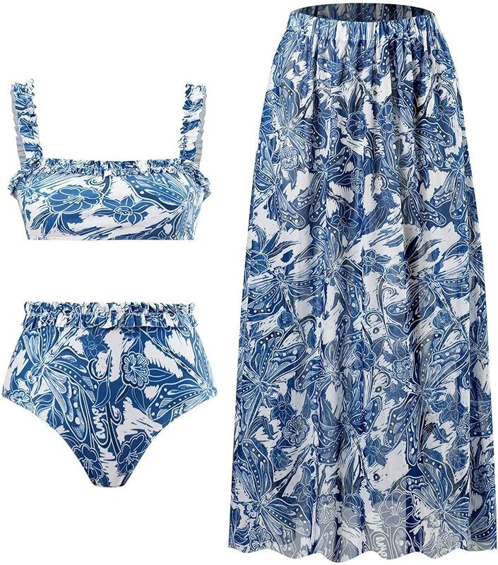 Monokini Swimsuits for Women Tummy Control Bathing Suits with Sarong Cover Ups V Neck Vinatge Boh... | Amazon (US)