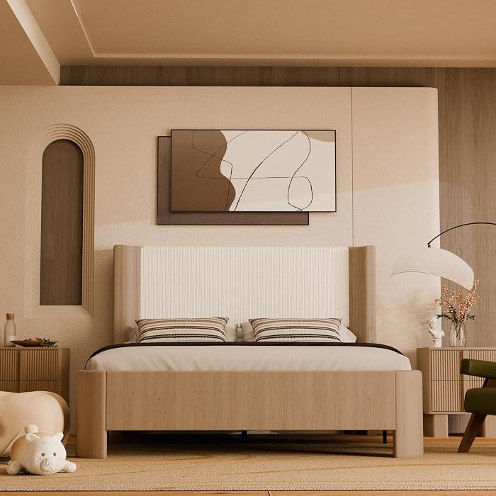 Upholstered Queen Bed Frame with Wingback Headboard, Platform Bed with LED Lighting, Wood Grain P... | Amazon (US)
