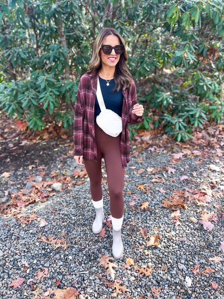 Fall outfit. North Carolina outfit. Casual outfit. Oversized flannel (XS). Favorite Amazon leggings, XXS in Java coffee color. Amazon crop long sleeve (XXS). Amazon boot socks. Target rain boots. Lululemon Sherpa belt bag (great gift idea). Gucci sunglasses. 

#LTKGiftGuide #LTKHoliday #LTKshoecrush