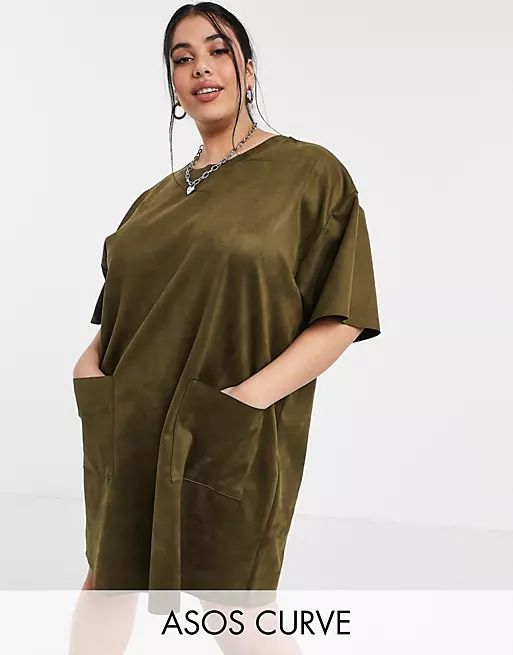 ASOS DESIGN Curve oversized suedette T-shirt dress with pocket detail in khaki | ASOS (Global)