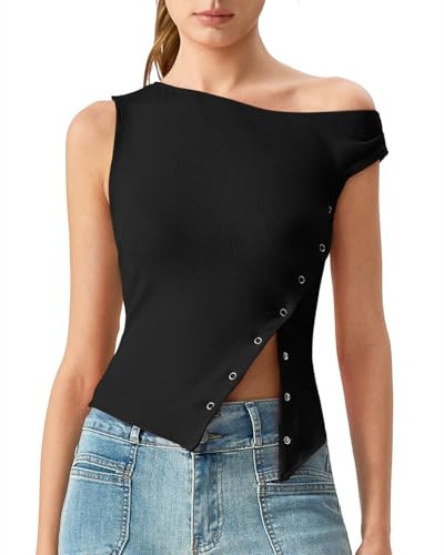 QINSEN Off Shoulder Tops for Women Diagonal Button-up T Shirt Ribbed Y2k Going Out Top Black L | Amazon (US)