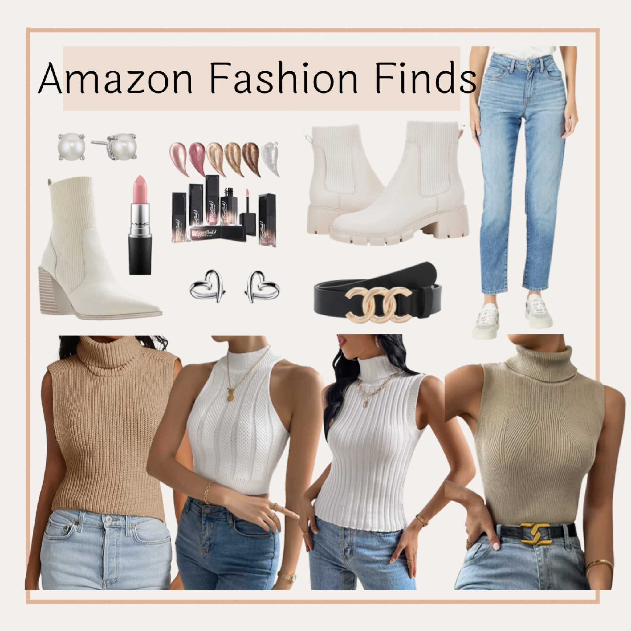 Fall fashion finds from Amazon! Turtle neck sweater tank tops, straight leg jeans, white booties, jewelry, black belt, and makeup! Fall tops! Fall outfit! Fall outfits! 

#LTKfindsunder50 #LTKSeasonal #LTKshoecrush