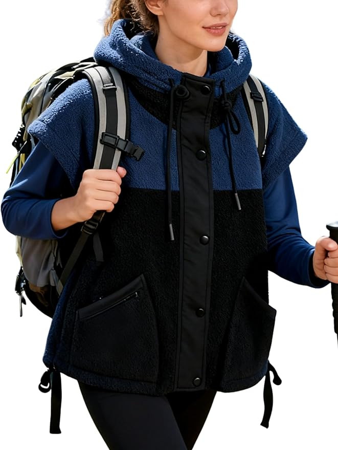 Womens Sherpa Hooded Vest Cozy Color-Block Sleeveless Jacket with Adjustable Drawstring Hem | Amazon (US)