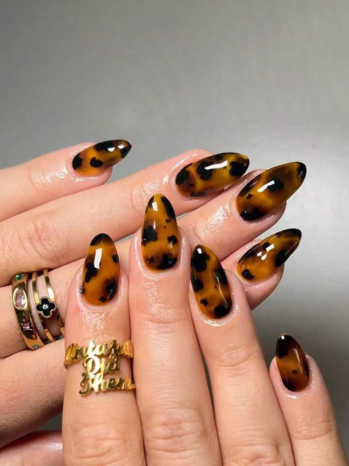 24pcs Medium-Long Almond Shaped Yellow & Black Leopard Print French Tip Fake Nails With Fruit Jel... | SHEIN