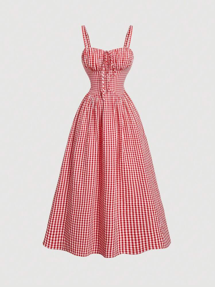 SHEIN MOD Checkered Ruffle, Bow, Tie-Front, Waist Cinching Swing Dress, Red,Tropical Vacation Wom... | SHEIN