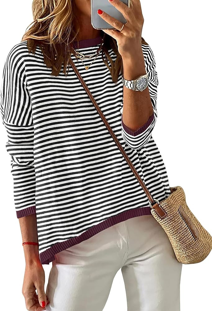 ZESICA Womens 2024 Fall Striped Sweaters Long Sleeve Crew Neck Shirts Color Block Lightweight Pul... | Amazon (US)