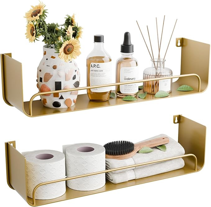 16 Inch Gold Floating Shelves Set of 2, Modern Iron Bathroom Shelves with Guardrail, U-Shaped Wal... | Amazon (US)